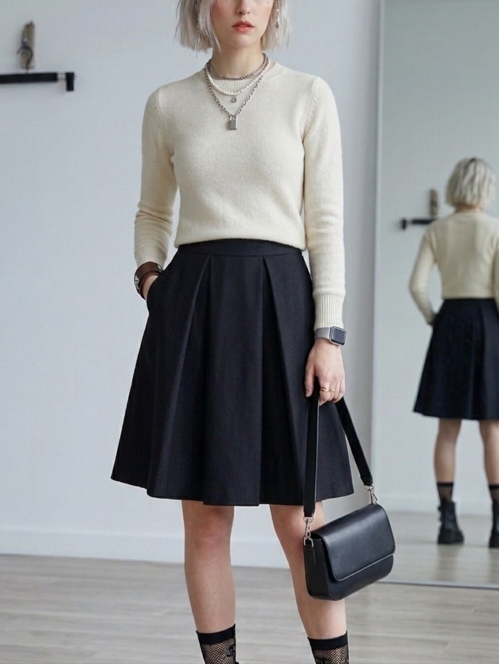 New Ermanno Scervino Navy Blue Virgin Wool Pleated Circle Skirt